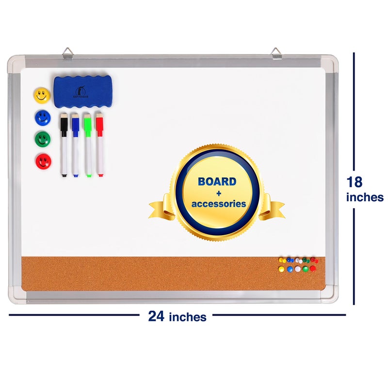Navy Penguin White Board Cork Board Combo - 24x18 in Dry Erase Board with Cork and 1 Magnetic Eraser, 4 Dry Wipe Markers, 4 Magnets and 10 Pins - Wall Hanging Whiteboard with Corkboard for Home and Office - Image 2